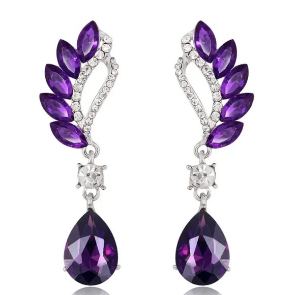 Purple Waterdrop Wings Shaped Drop Earrings Silver Plated Retro Dangle Earrings - Picture 1 of 2